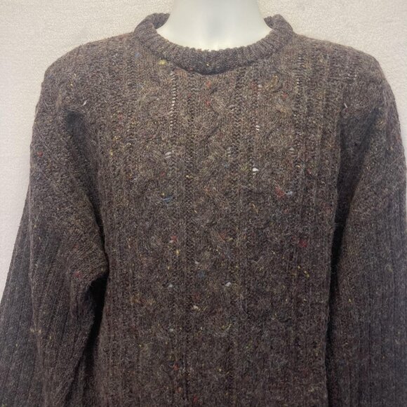 Vintage 90s Fisherman Knit Wool Blend Sweater Mens XL Brown Donegal Flecks Cable - Picture 2 of 15